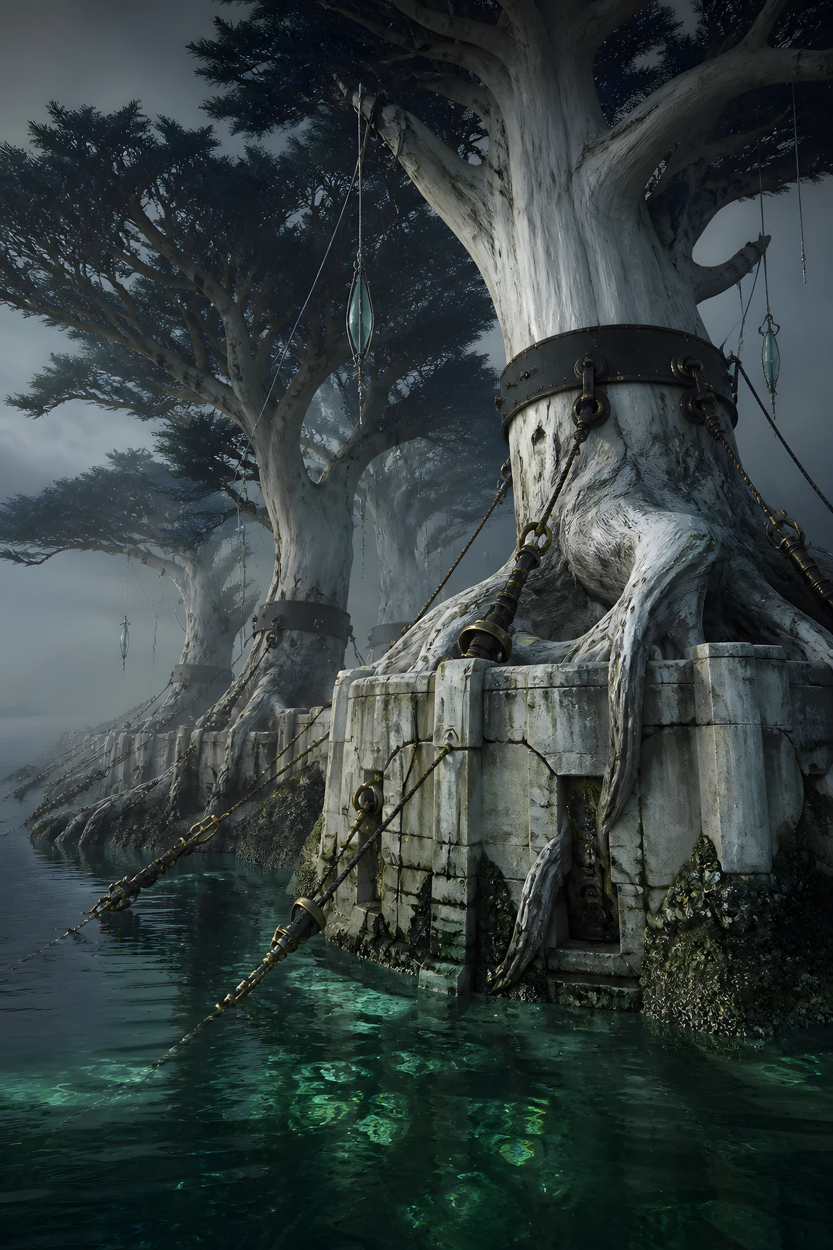 The approved portrait of Ammeloth, the Anchored Grove, a living island held by an ancient seal-ring.