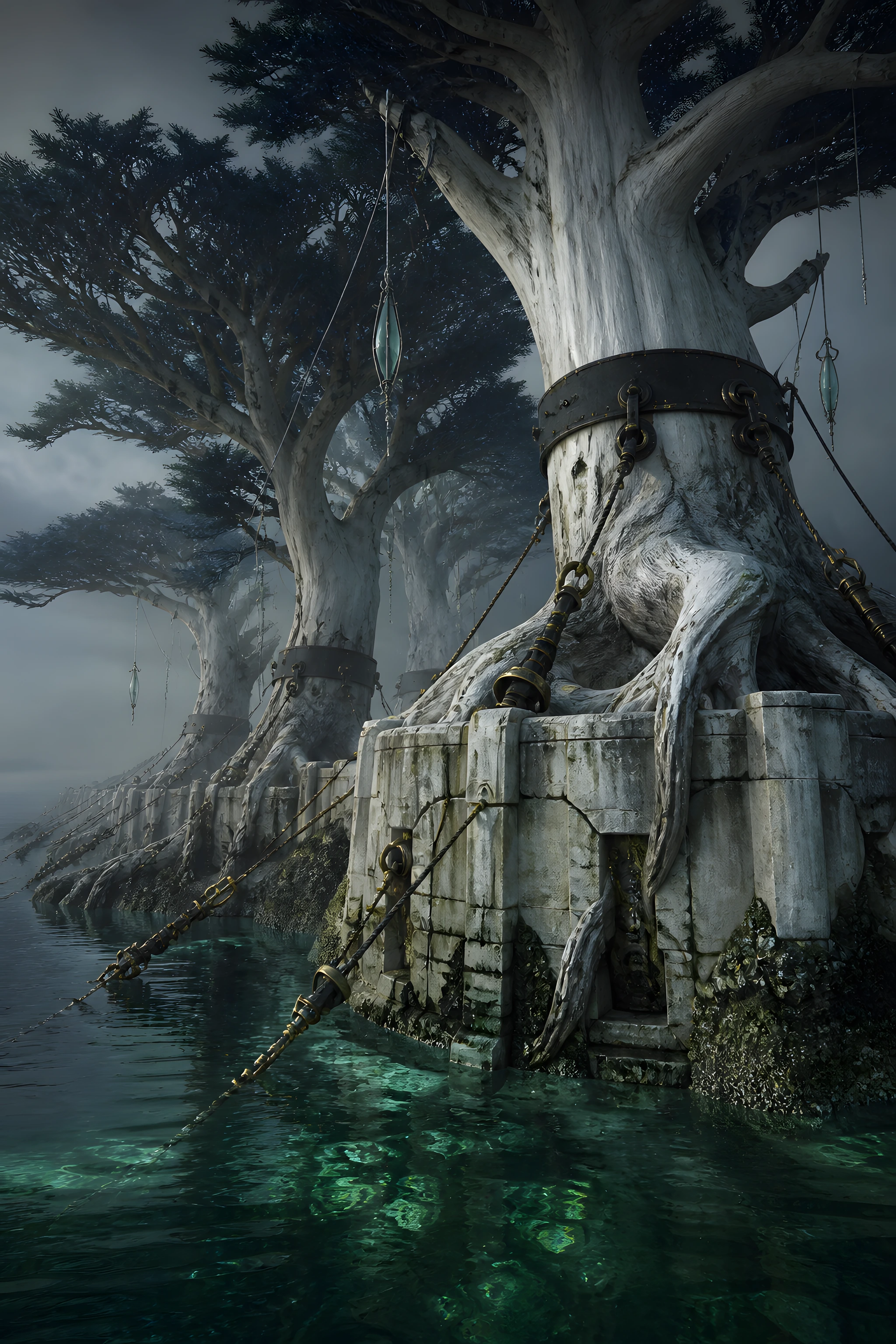 The approved portrait of Ammeloth, the Anchored Grove, a living island held by an ancient seal-ring.