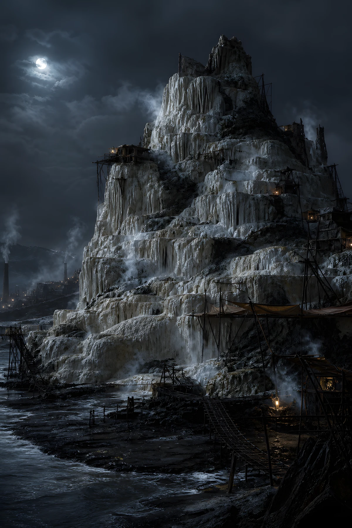 The approved portrait of the Cold Sinter at Vurregh, a frozen cliff-hold beneath moonlit storm.
