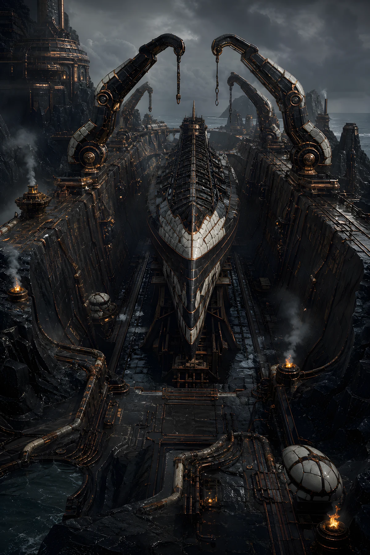 The approved portrait of the Graving Dock, an immense ribbed shipyard and hull cradle.