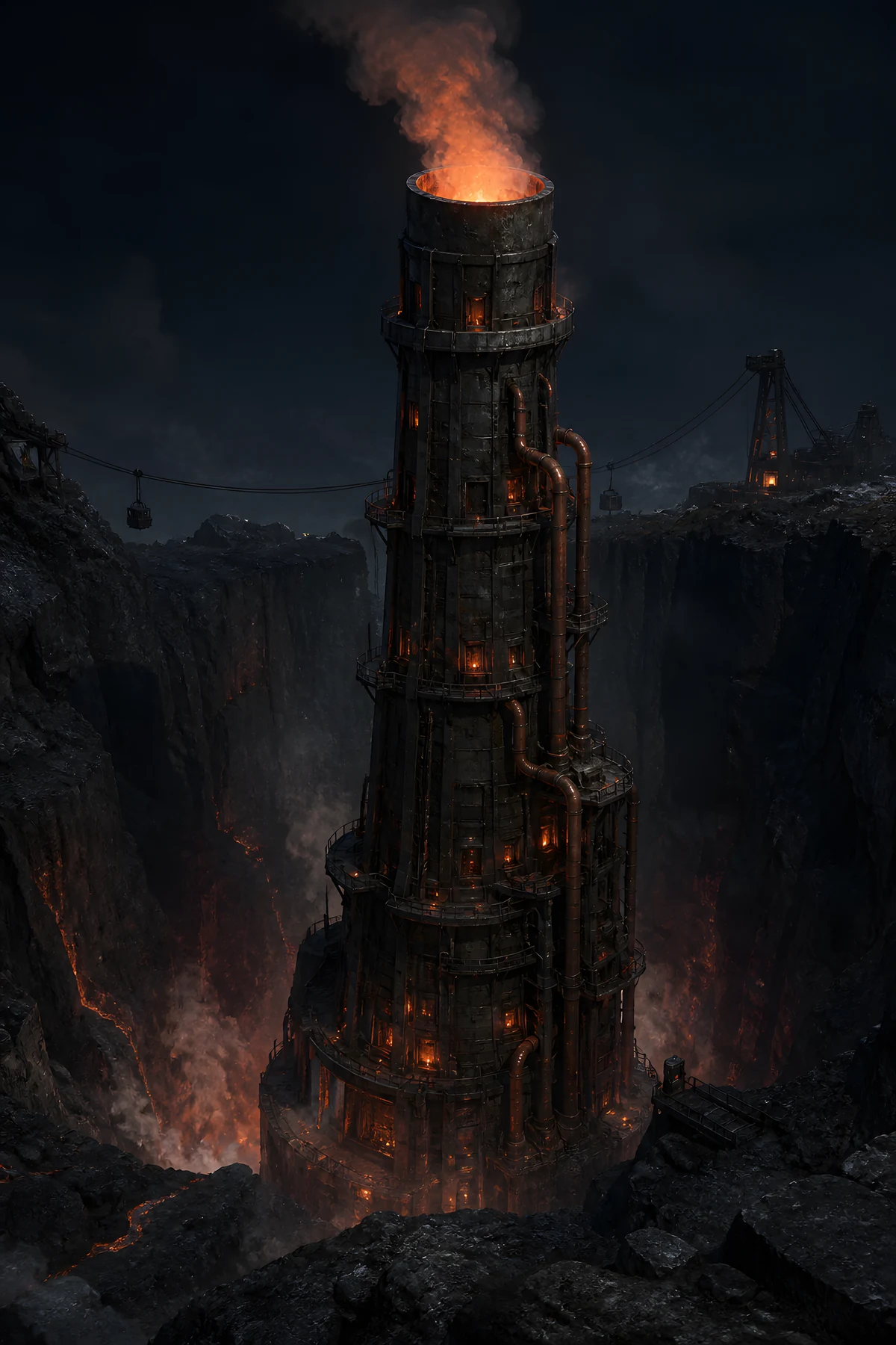 The approved portrait of the Lit Chimney, a fire-crowned industrial tower suspended over the Mere.