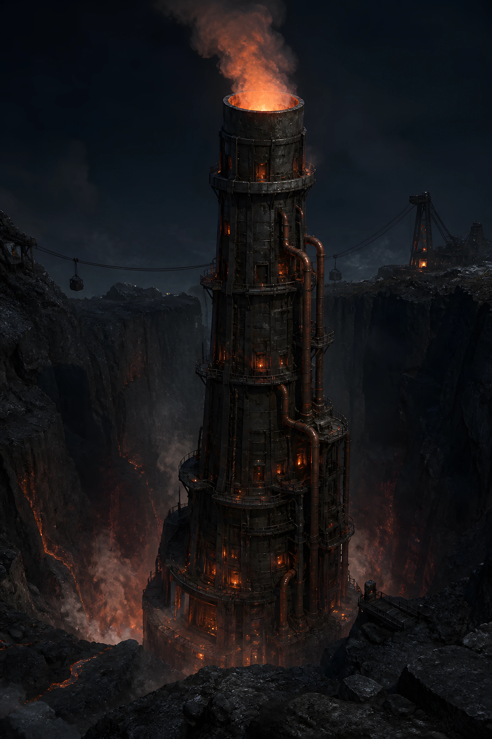The approved portrait of the Lit Chimney, a fire-crowned industrial tower suspended over the Mere.