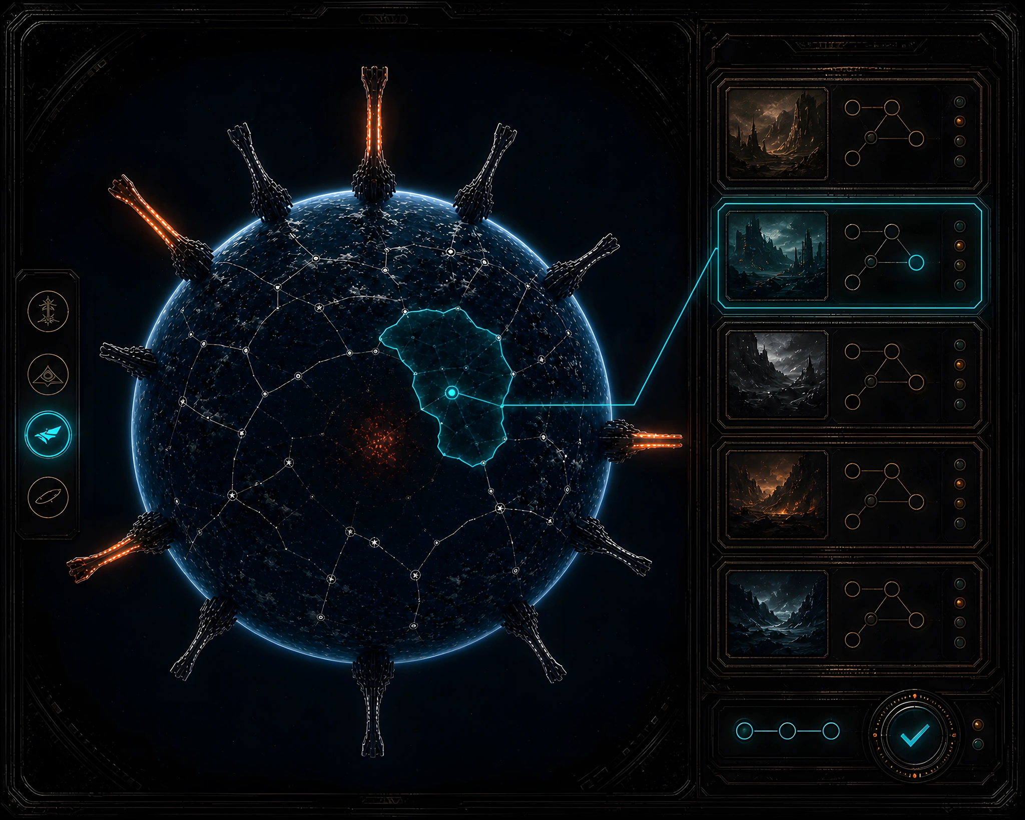 A campaign mission selector built around Kilnfall and its twelve Quills, with four lit holdings, domain routes, and an active mission ledger.