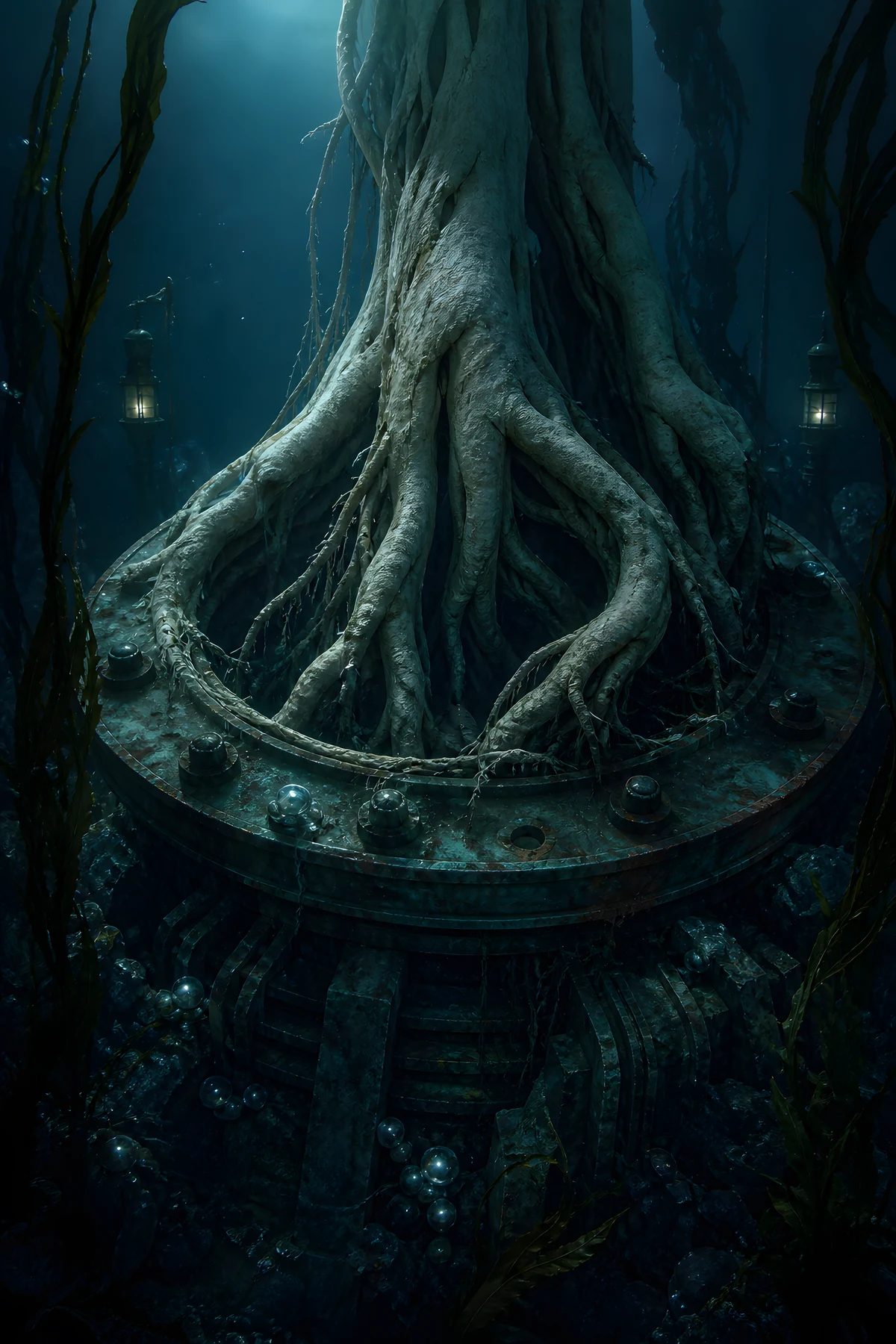 The approved portrait of an immense Quill root-flange braced by pale abyssal growth.