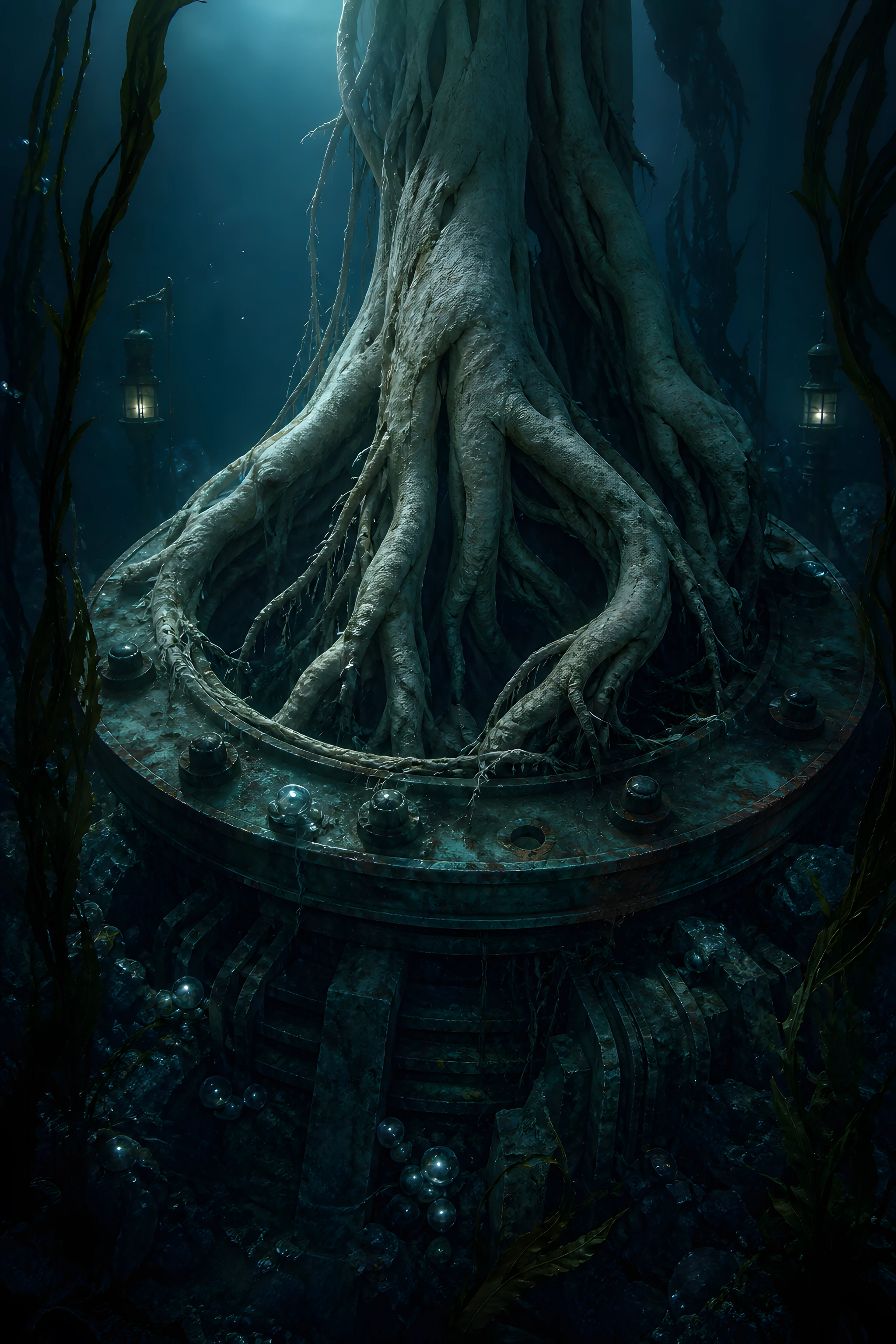 The approved portrait of an immense Quill root-flange braced by pale abyssal growth.