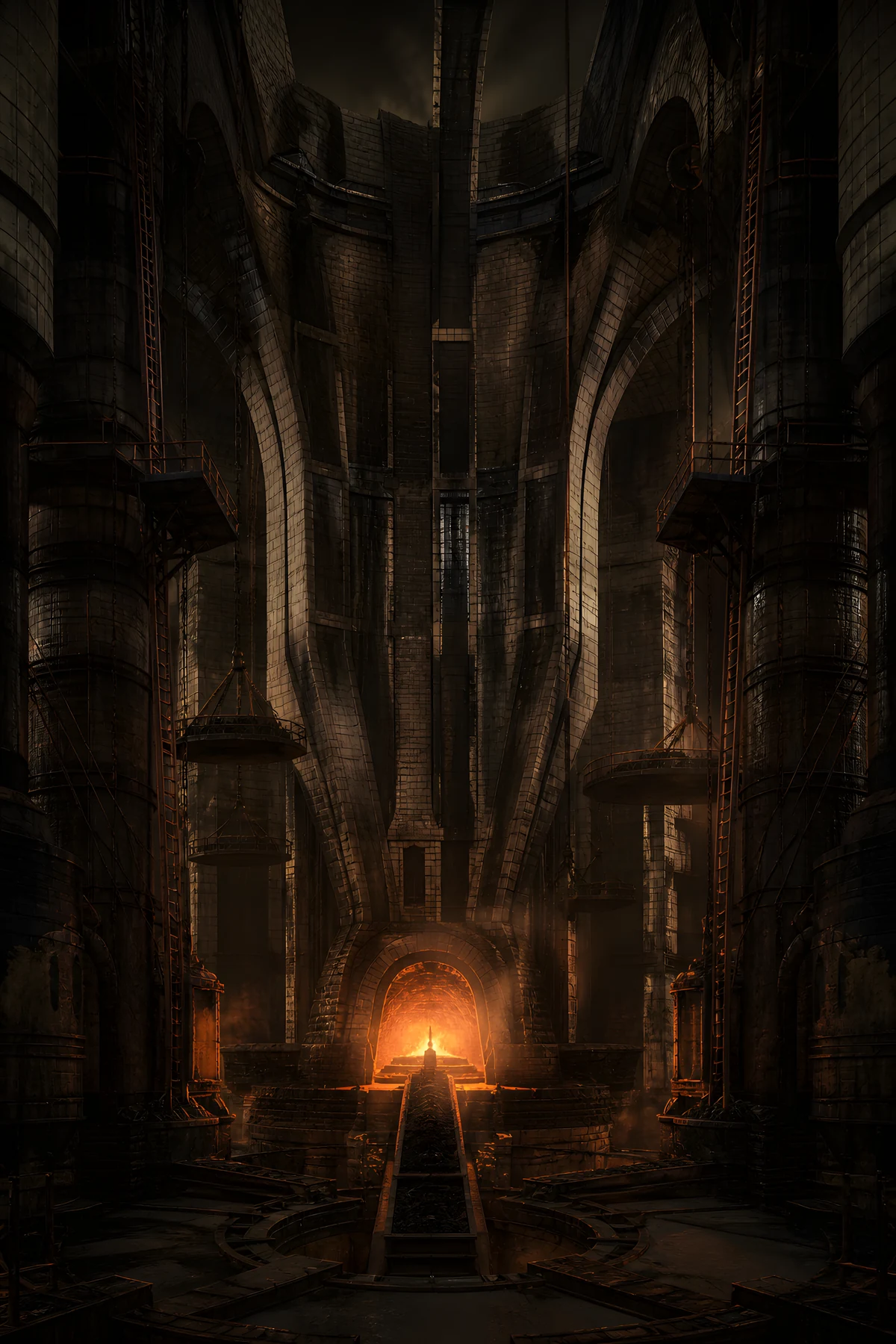The approved portrait of the Sablehearth Flue-Hall, its deep ember furnace lighting blackened vaults.
