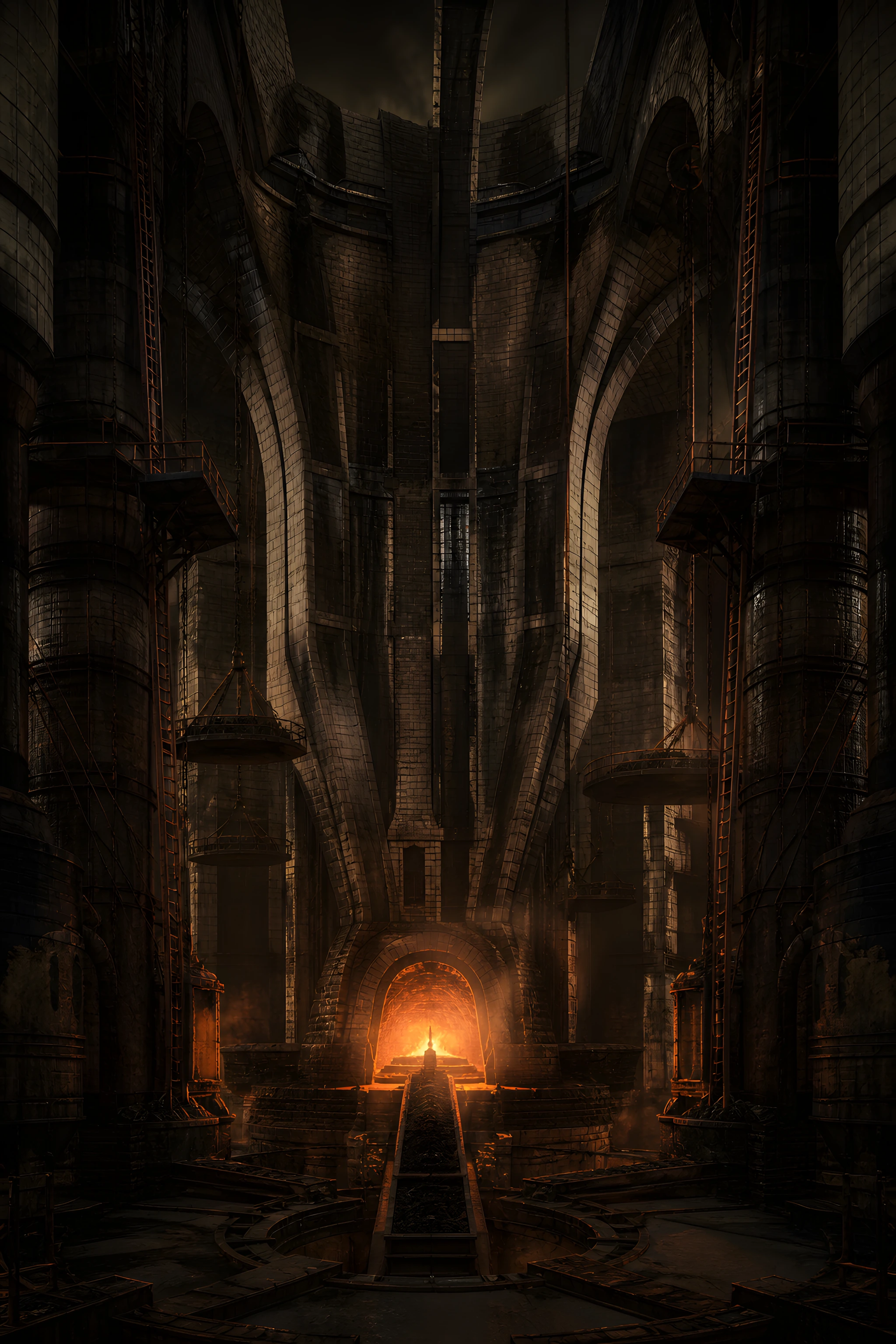 The approved portrait of the Sablehearth Flue-Hall, its deep ember furnace lighting blackened vaults.