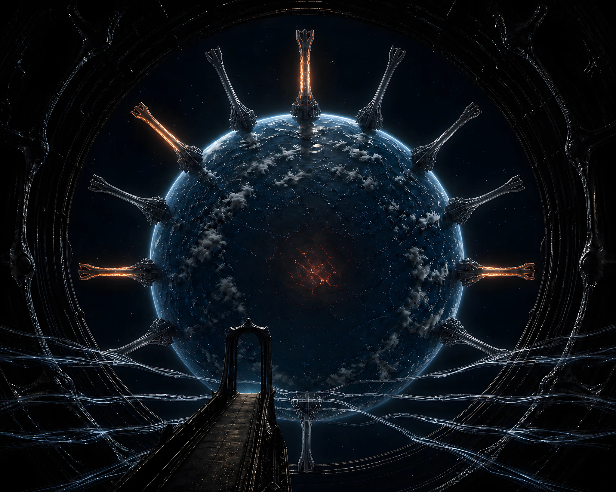 Kilnfall ringed by twelve colossal Quills, four lit and eight cold, above a vacant authoring bridge waiting for one final hand.