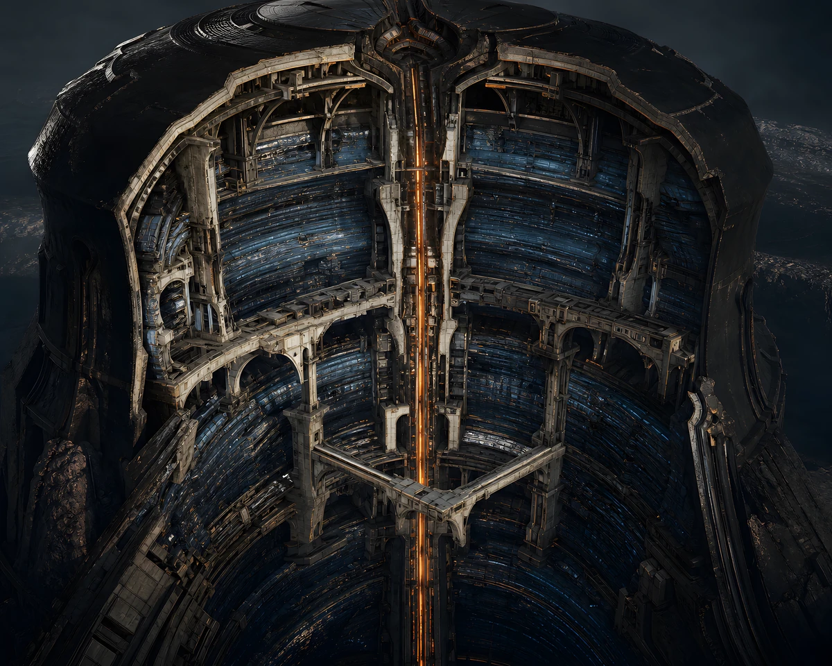 A monumental Quill interior holding layered blue records around a narrow ember-lit writing seam.