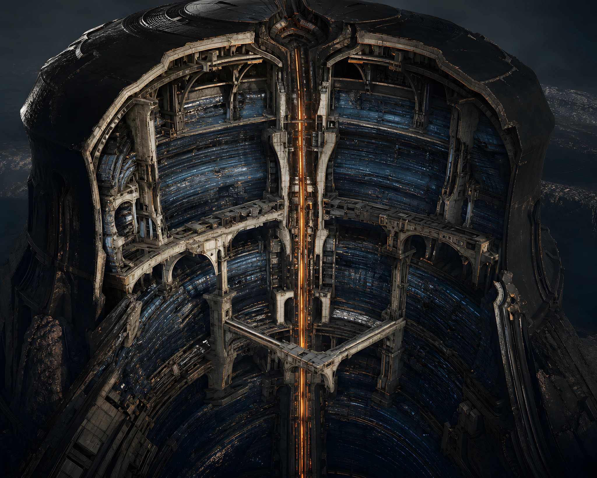 A monumental Quill interior holding layered blue records around a narrow ember-lit writing seam.