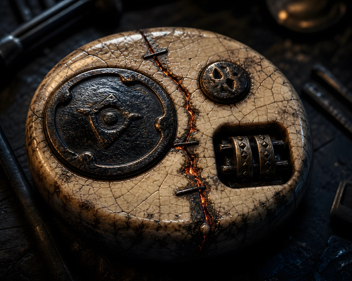 An engraved identity seal held over a layered body record as its matching lines flare into proof.