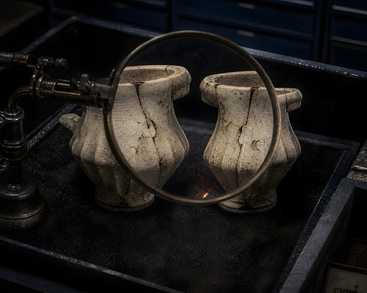 Two nearly identical records under hard inspection, separated by one small luminous mismatch that reveals the copy.