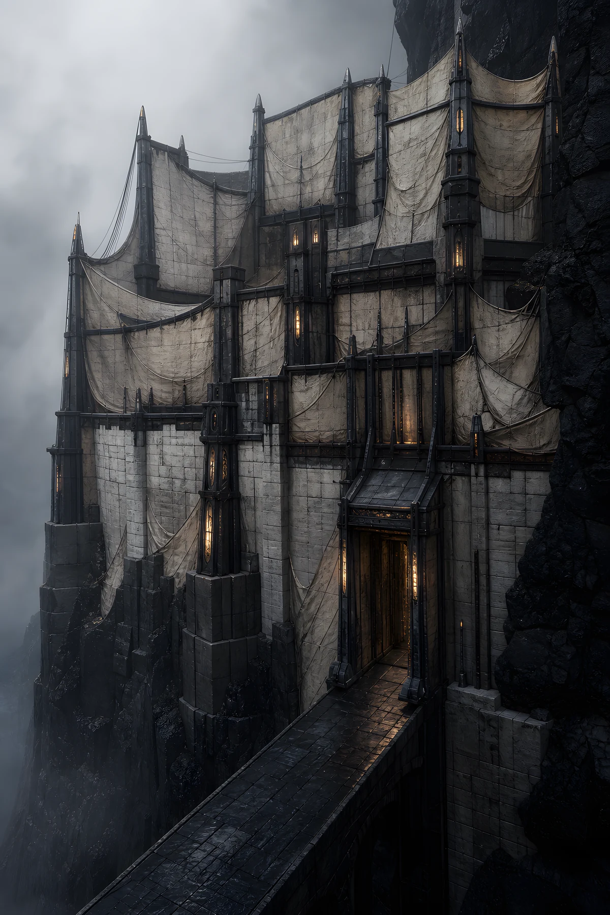 The approved portrait of Vellum Hold at Ashenspar, a pale layered settlement of screens, stairs, and narrow bridges.