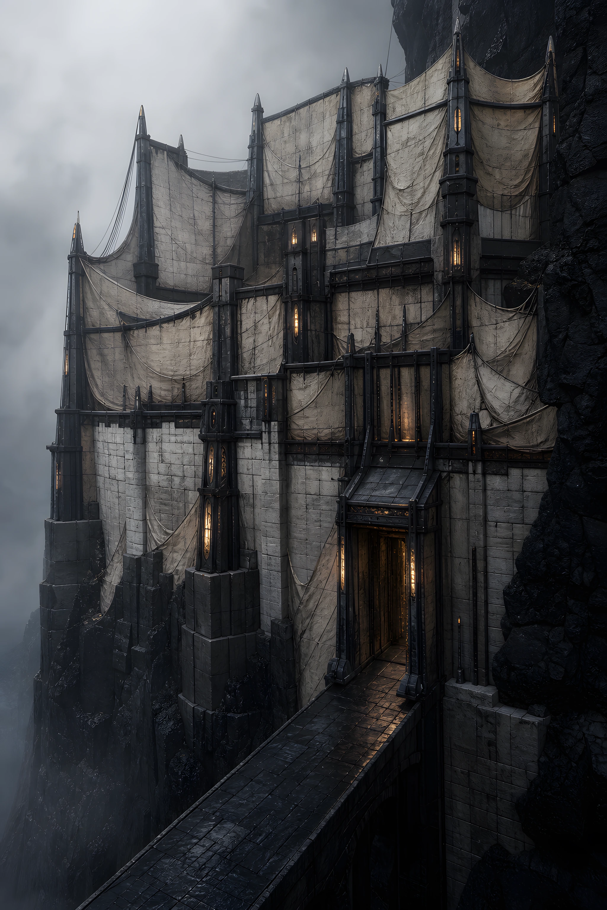 The approved portrait of Vellum Hold at Ashenspar, a pale layered settlement of screens, stairs, and narrow bridges.